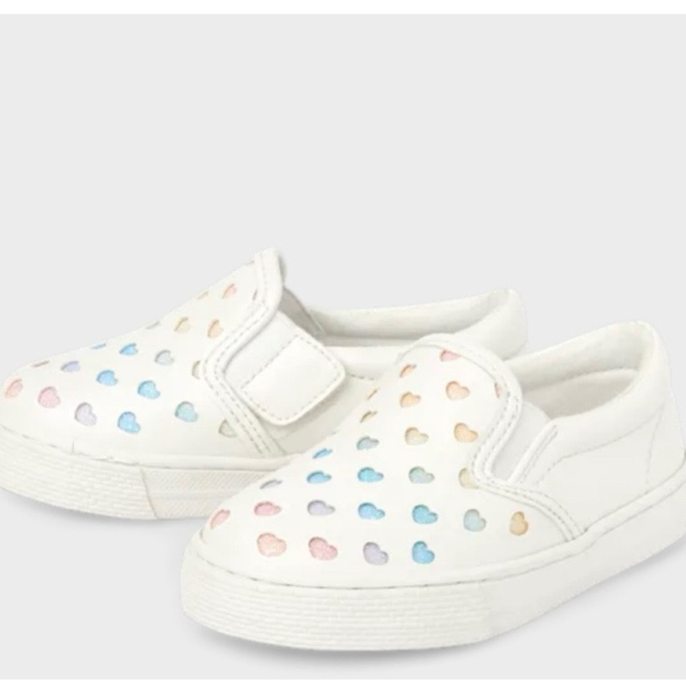 The Children’s Place White Slip-On Shoes with Pastel Heart Cutouts. Size 10